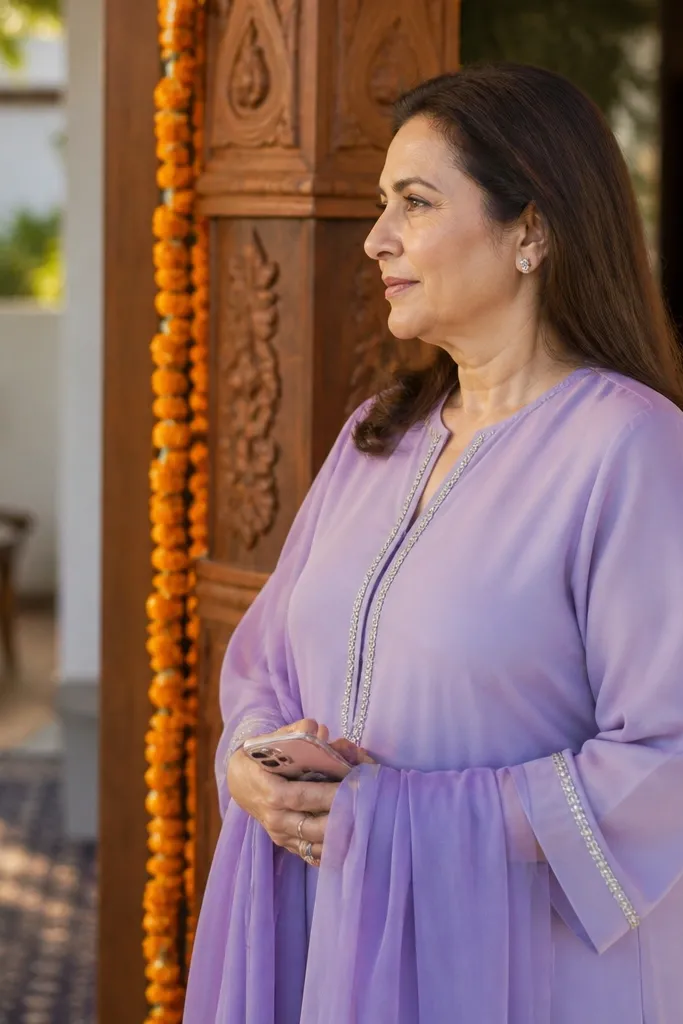 Lavender chiffon straight kurta with silver trim at the neckline