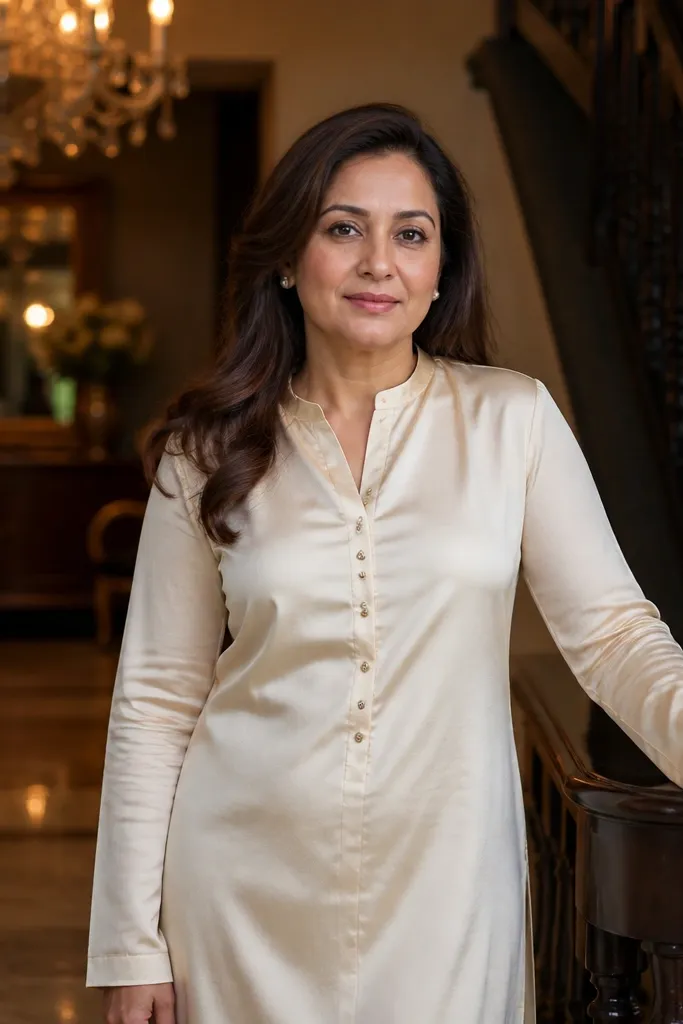 Cream satin-look kurta with soft gold buttons and a clean neckline