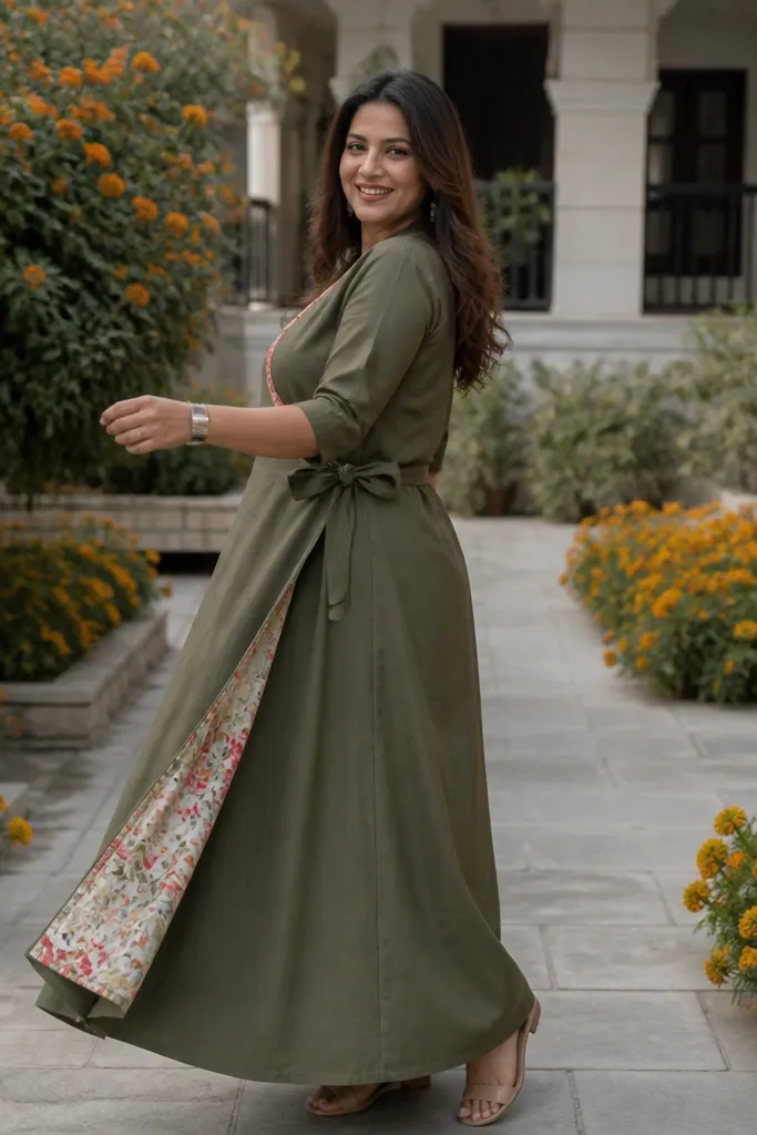 Olive green wrap maxi with a visible floral lining at the hem
