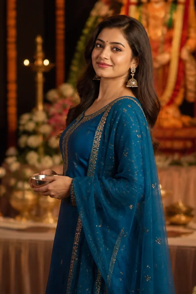 Peacock blue kurta with a shimmer net dupatta over the shoulder