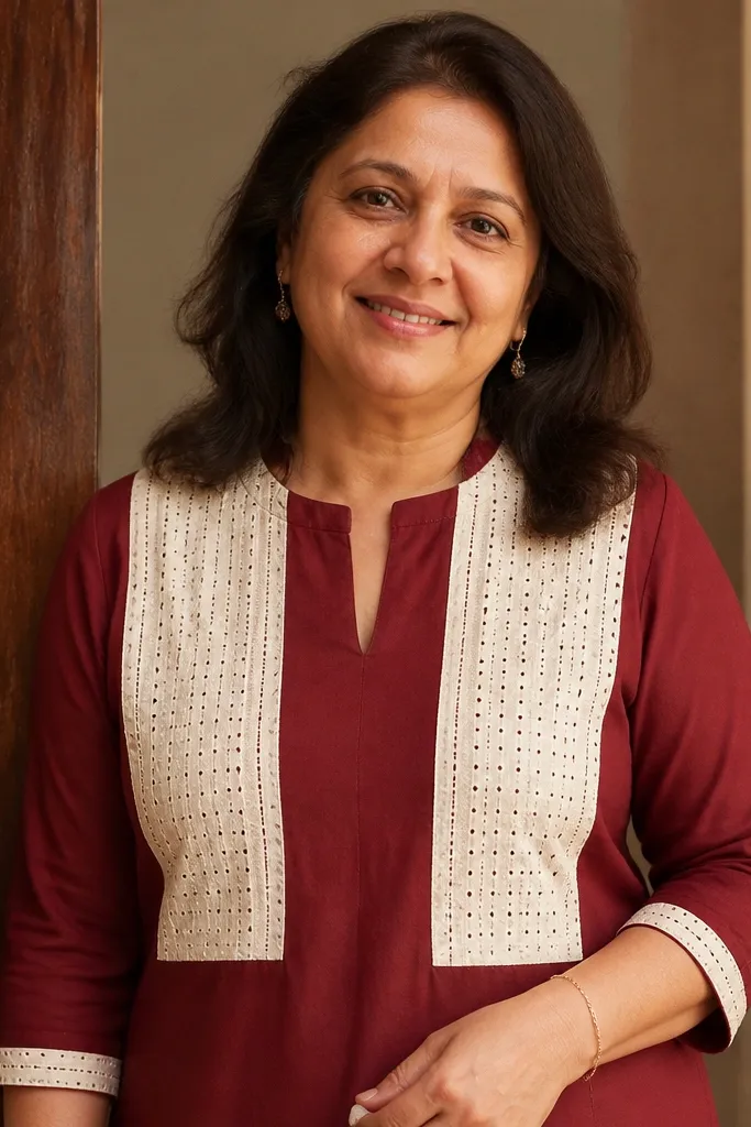 Maroon kurti with cream eyelet panels at the chest and sleeves
