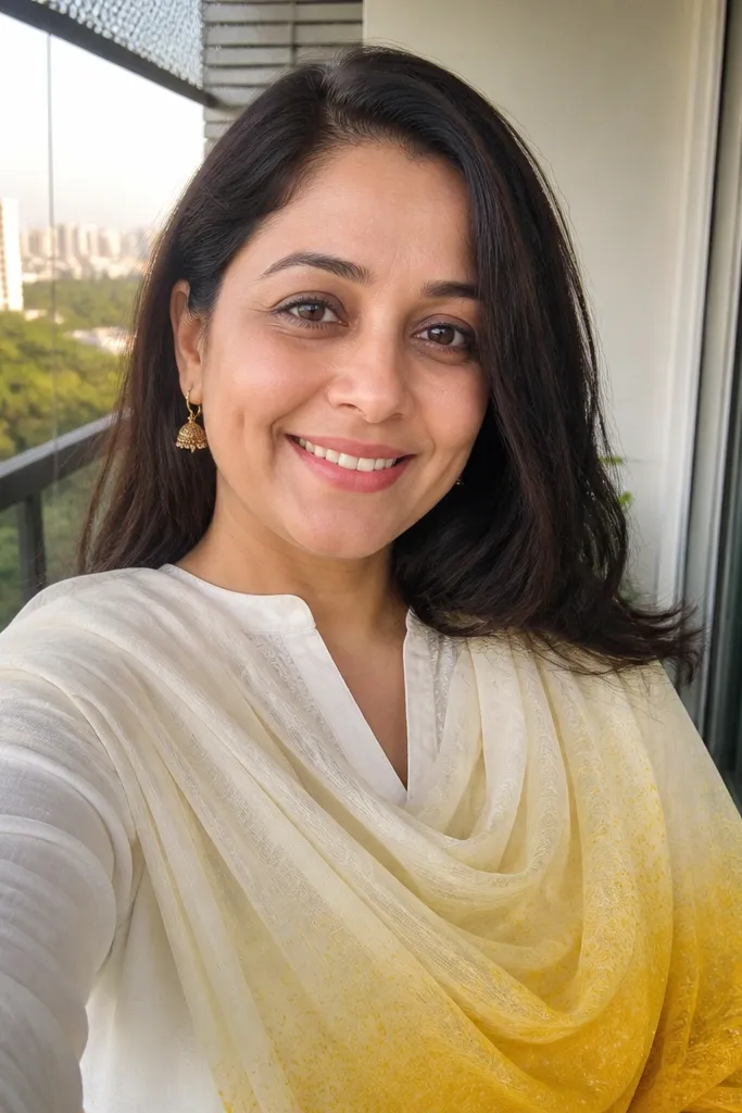 White kurta with a yellow ombre dupatta draped over one side