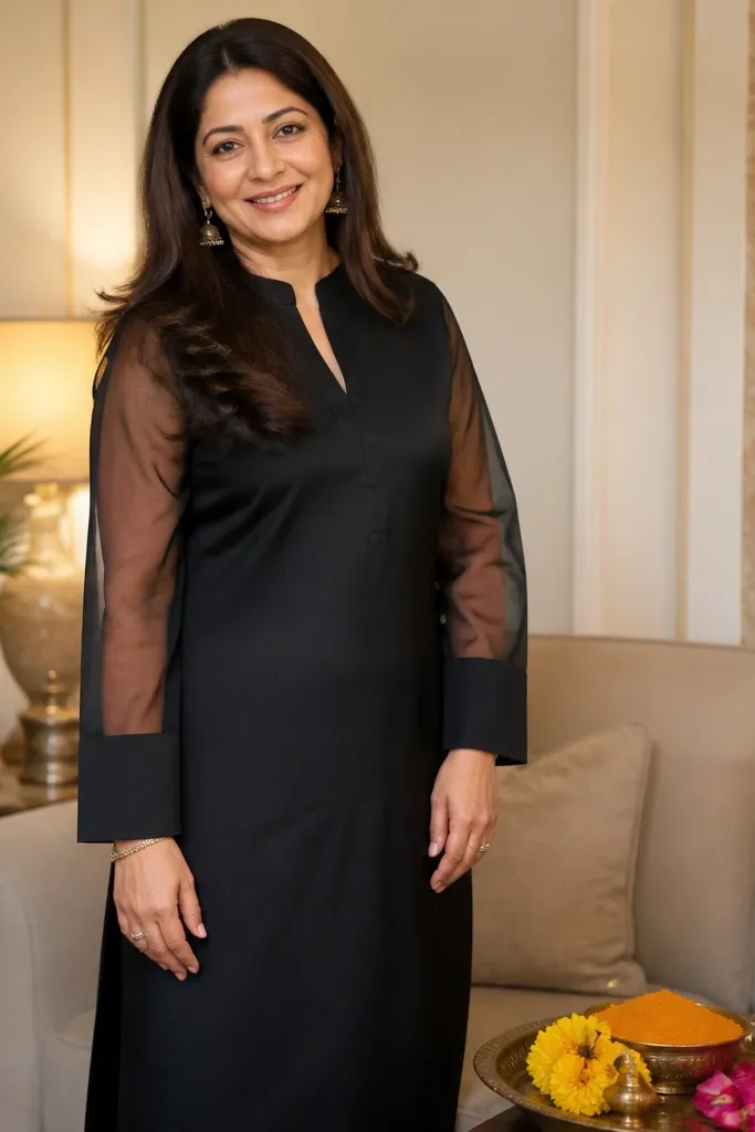 Black straight kurta with sheer organza sleeves and subtle neckline detail