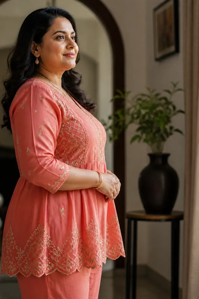Coral peplum kurti with small embroidery and stretch waist pants