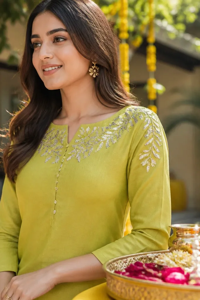 Yellow-green kurta with textured leaf sequin details and a simple neckline