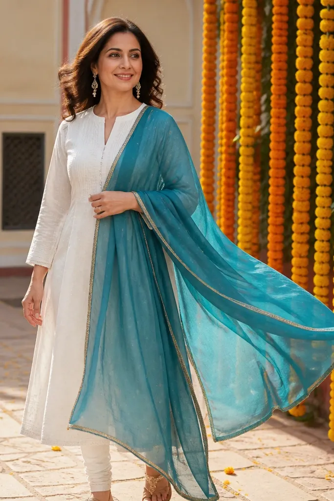 White straight kurta with a teal chiffon dupatta draped around the shoulders