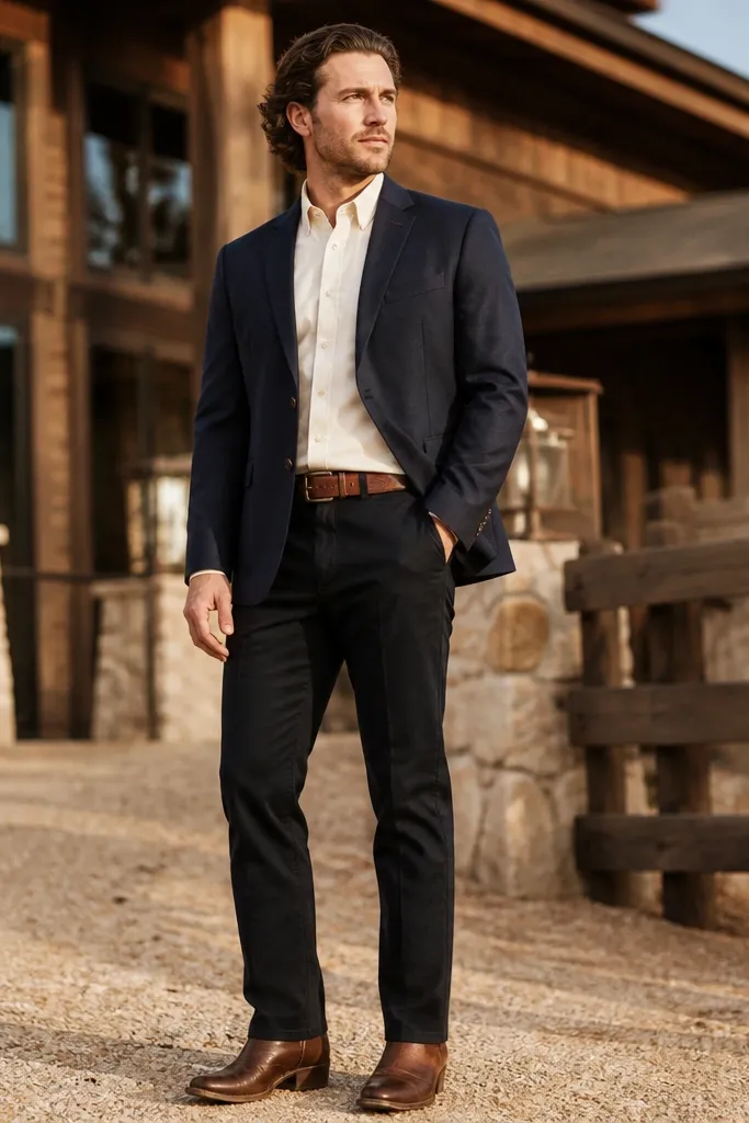 Navy blazer with cream twill shirt, brown belt and brown leather boots