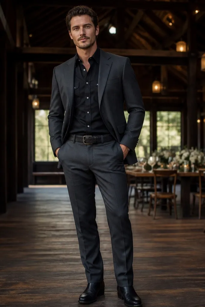 Charcoal suit jacket with black pearl snap shirt, black belt and black boots