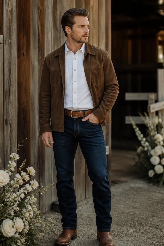 Deep brown suede jacket over a white western yoke shirt with tan belt and boots