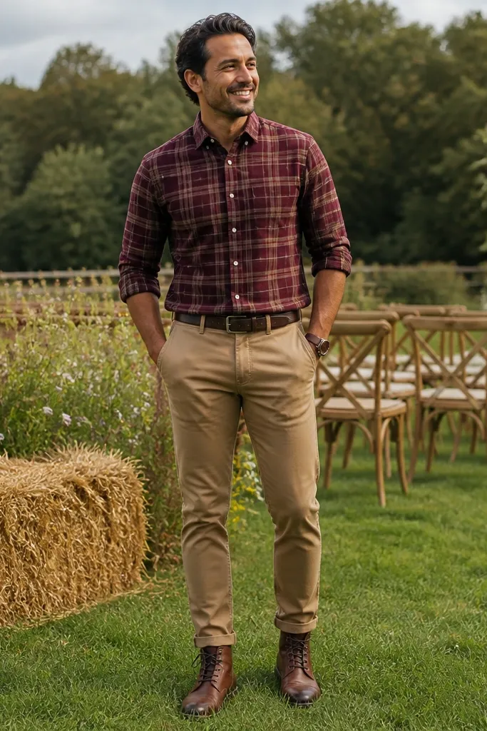 Burgundy plaid shirt with tan chinos and chocolate leather boots