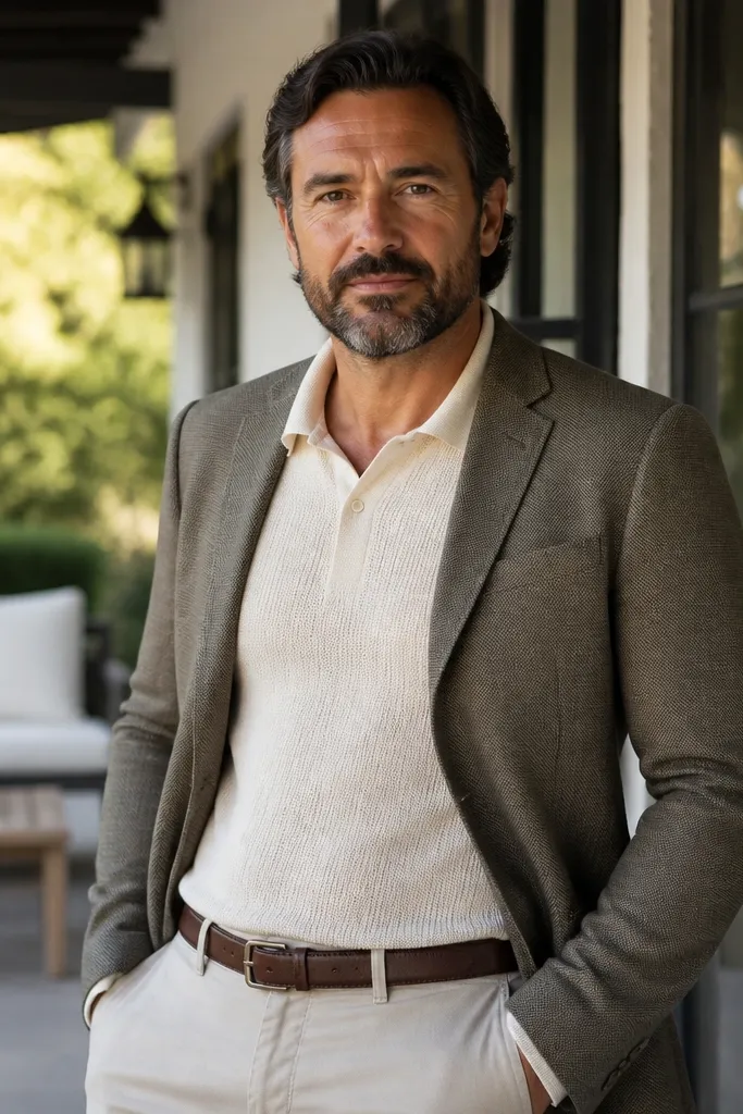 Cream knit polo under a blazer with brown belt and brown boots