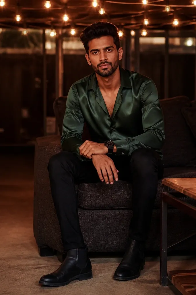 Forest green satin shirt with black jeans and black leather boots