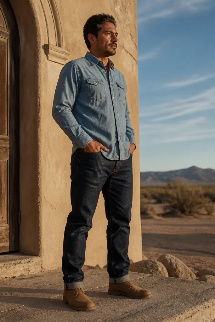Light blue chambray shirt over dark denim jeans with tan boots