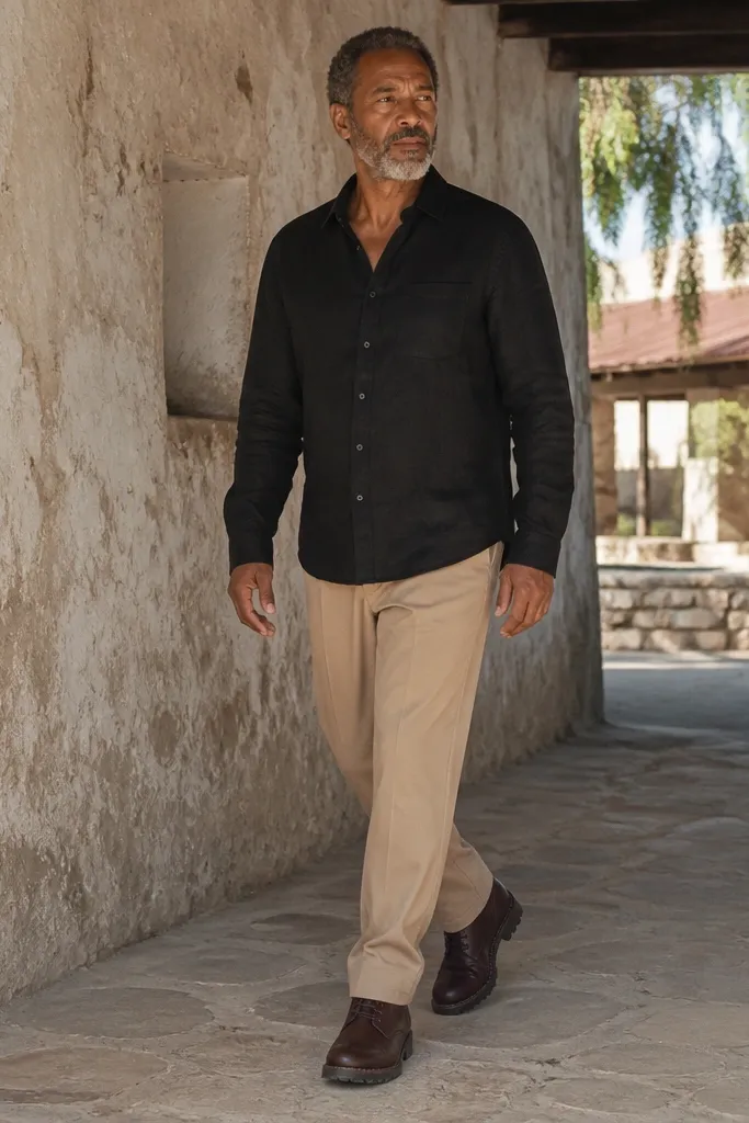 Black linen shirt with tan suit pants and dark brown boots