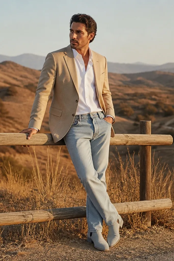 Tan blazer with white shirt, light-wash denim and tan leather boots