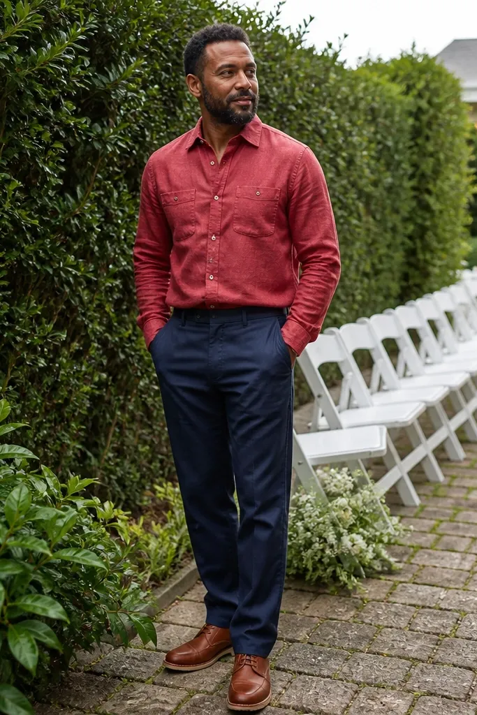 Red chambray shirt with navy trousers and cognac leather boots
