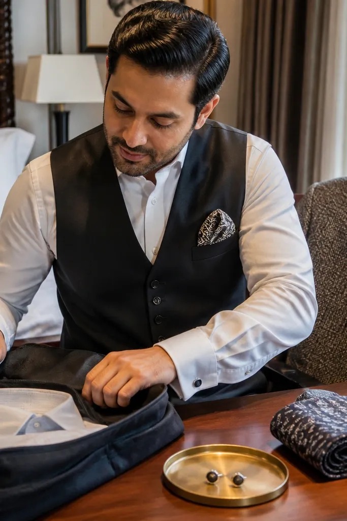 White dress shirt with black vest and a patterned pocket square with dark boots