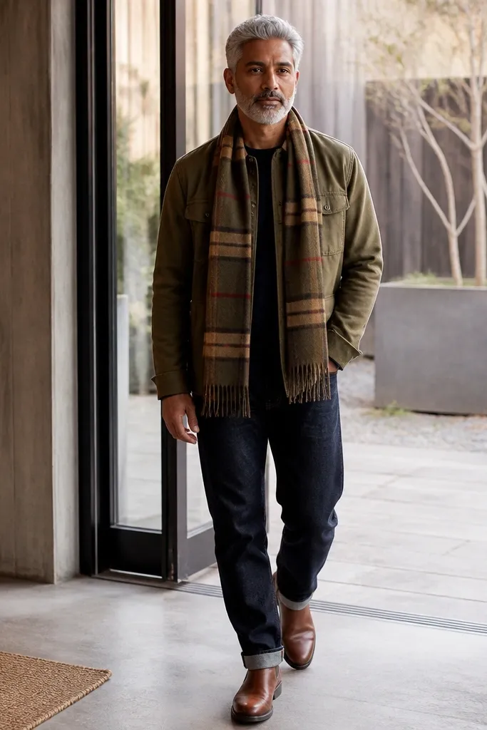 Olive overshirt with a plaid scarf and brown leather boots