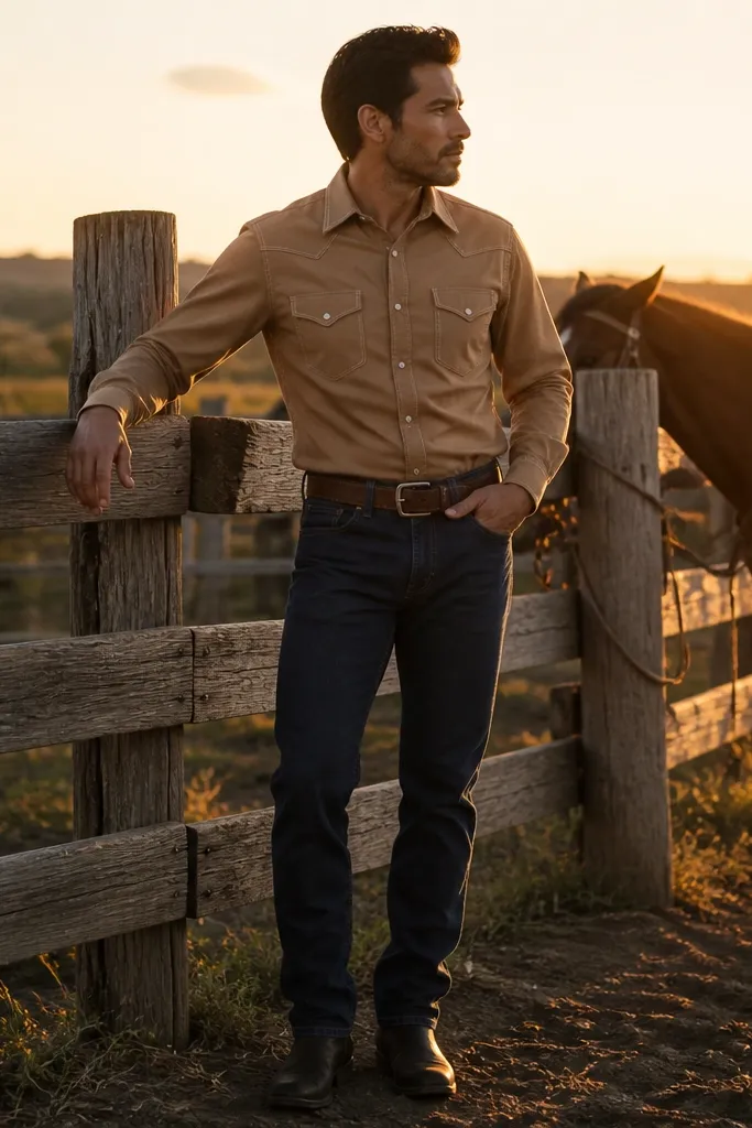Tan western shirt with dark jeans, dark brown boots and matching belt