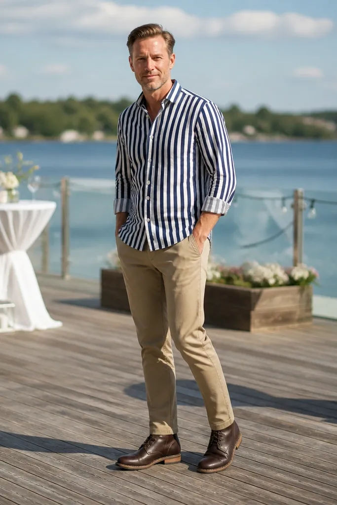 Navy and white striped shirt with tan chinos and espresso boots