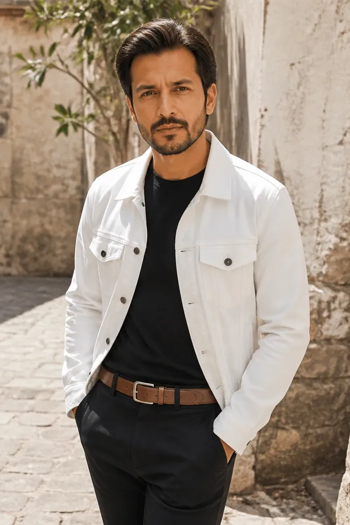 White denim jacket over a black shirt with dark jeans and brown belt