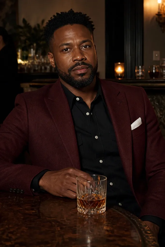 Burgundy blazer with black pearl snap shirt and white pocket square