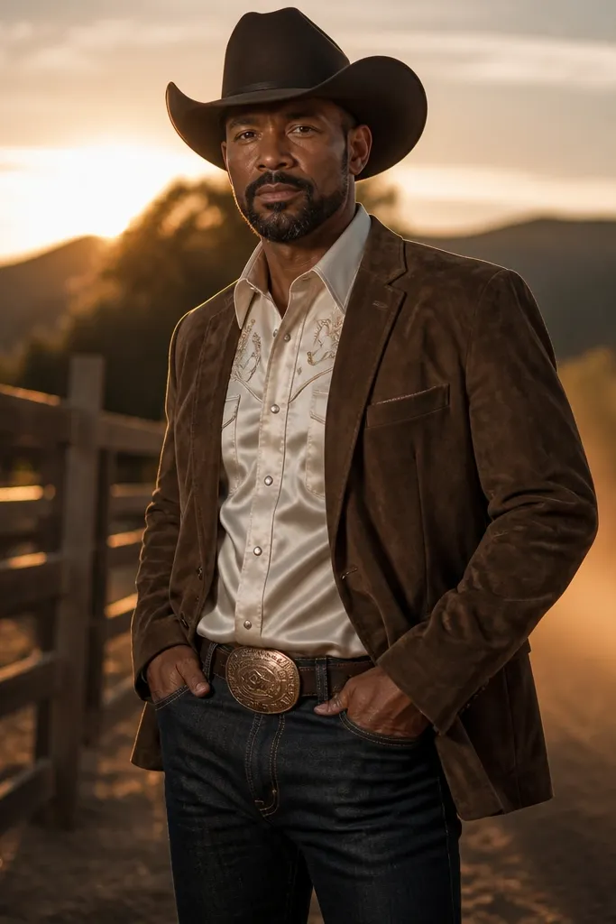 Chocolate suede blazer over ivory satin cowboy shirt with dark indigo jeans and boots