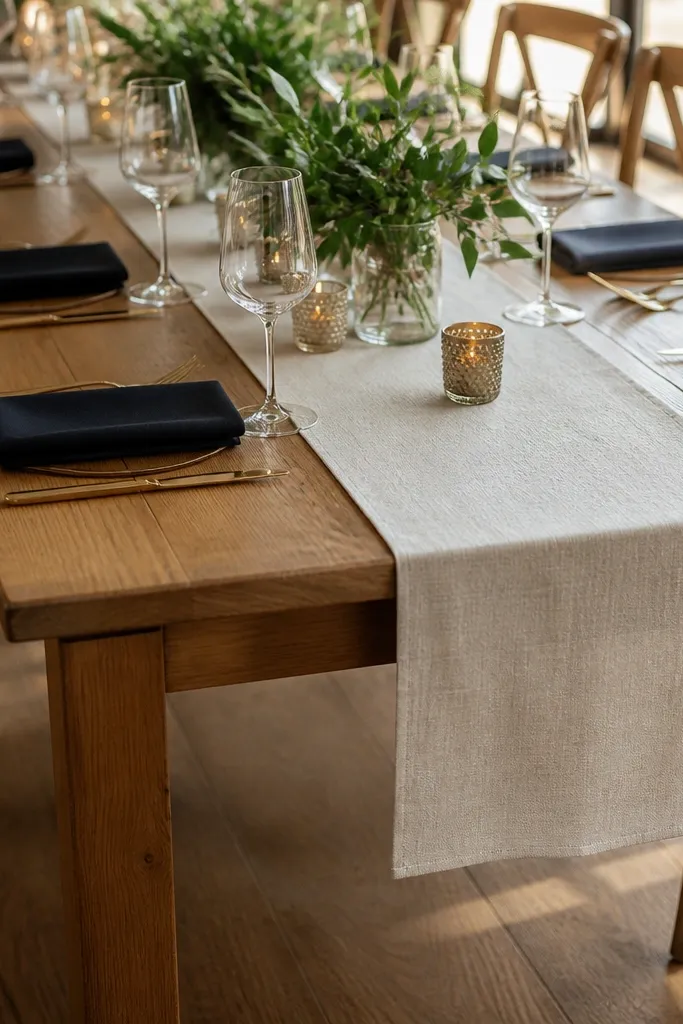 Oatmeal linen runner with folded black napkins on a rustic wooden table