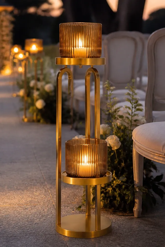 Brushed gold two-tier candle stand with amber rust glass votives