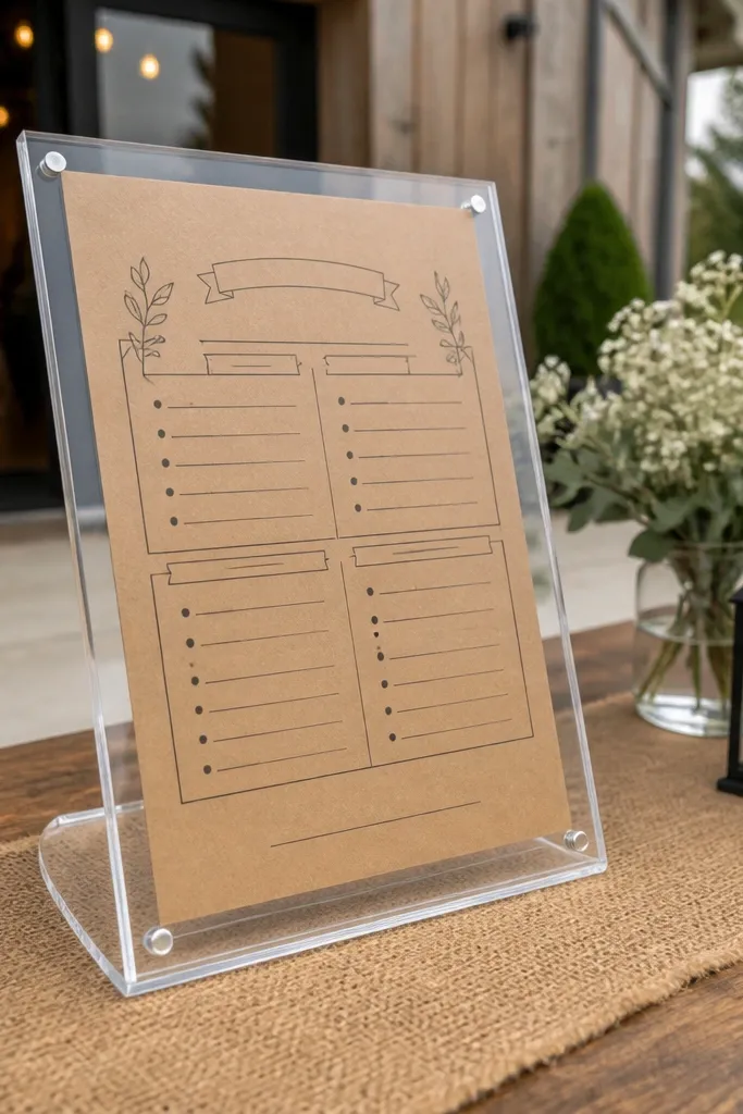 Clear acrylic sign holder with brown cardstock menu cards on a rustic table
