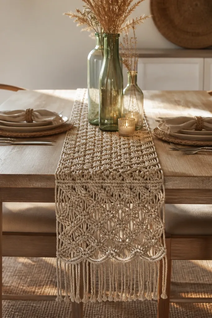Oatmeal woven runner draped across a bench with minimal fringe