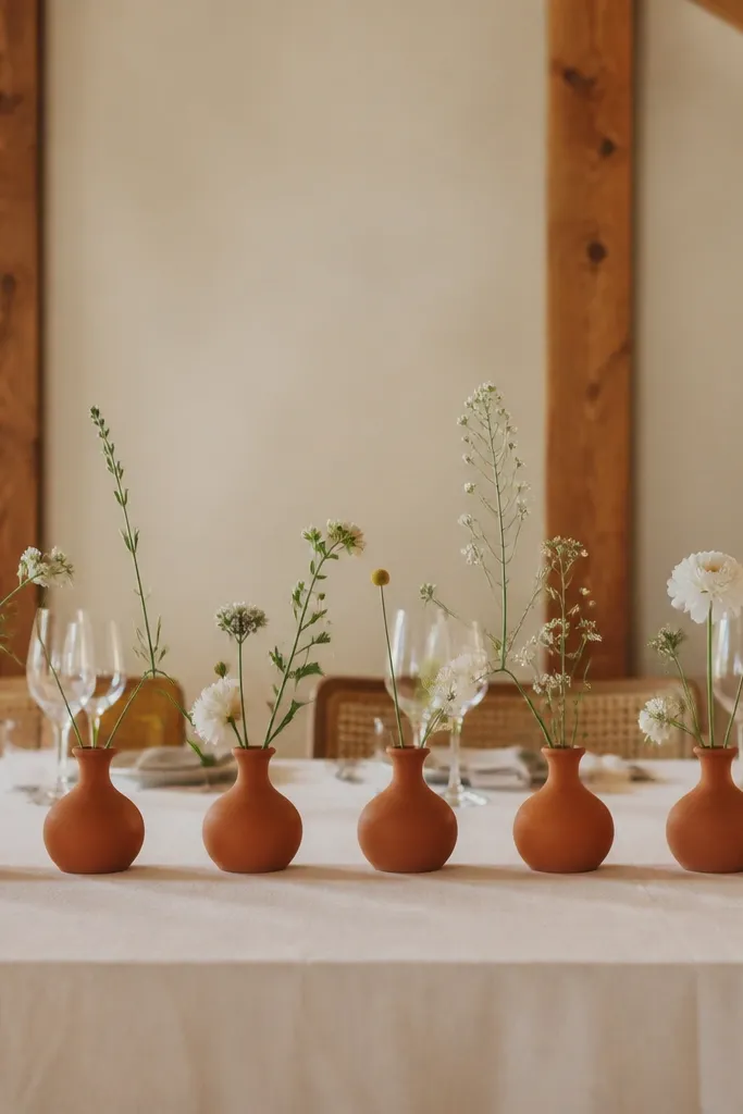 Small terracotta bud vases lined up with cream and rust flowers