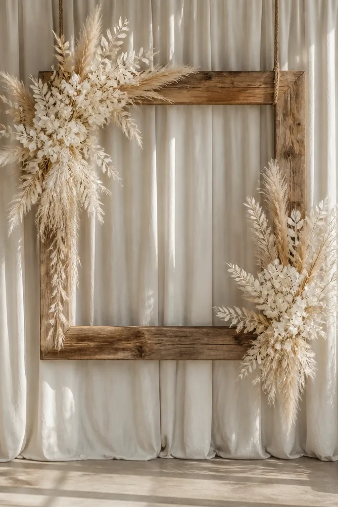 Wood picture frame holding white dried florals and neutral stems