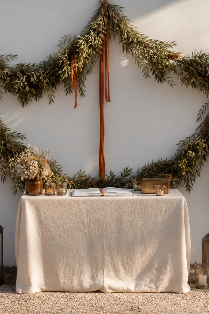 Olive greenery garland with burnt orange accents on a cream backdrop