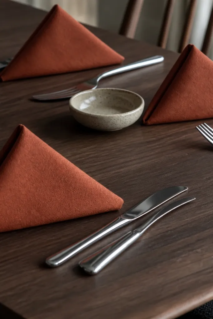 Rust cloth napkins folded into triangles on cream plates