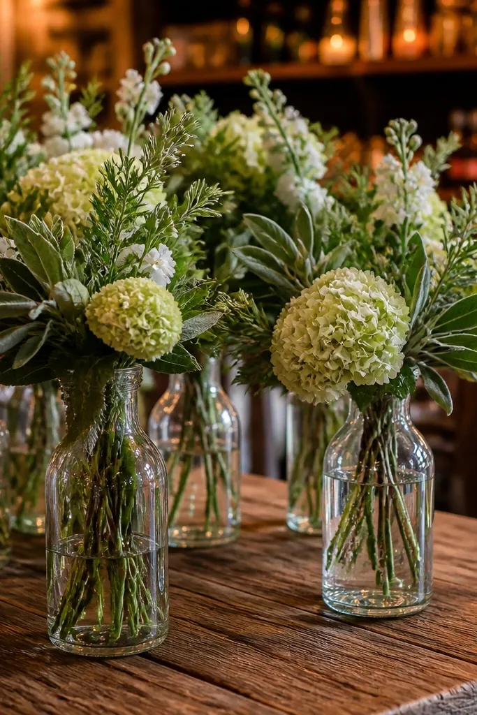 Clear glass bottles with small sage and cream floral clusters