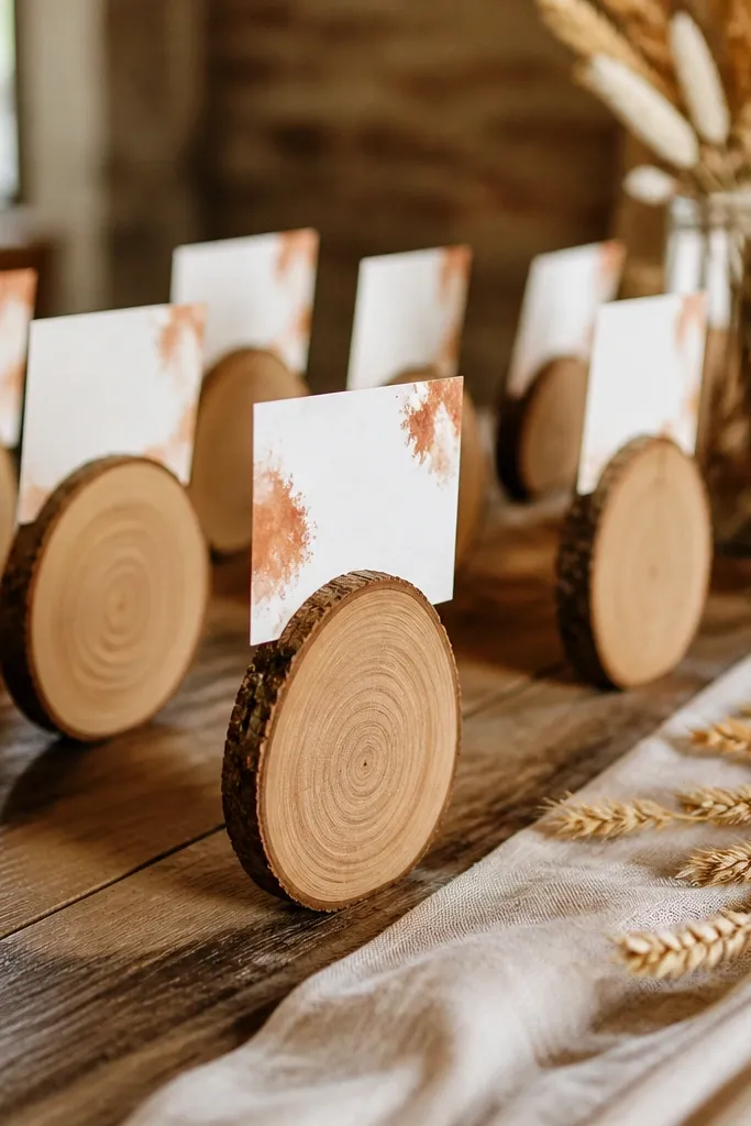 Wood slice place card holders with burnt orange printed names