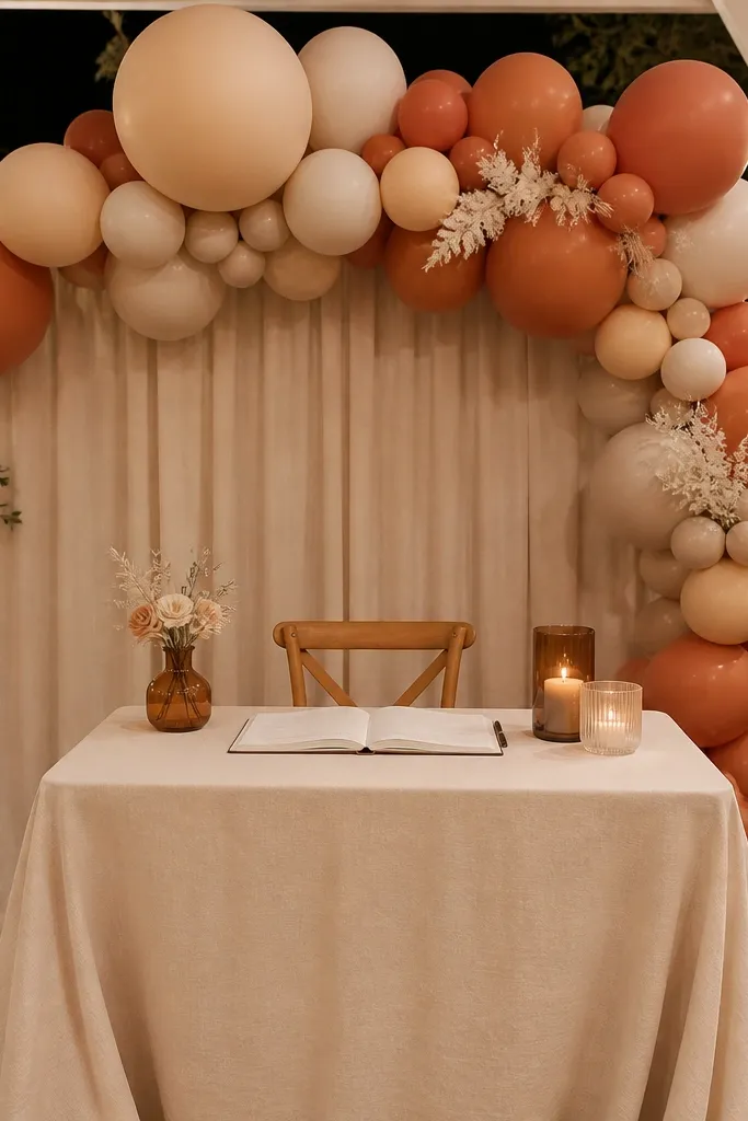 Matte terracotta and cream balloons tied in a garland for a corner