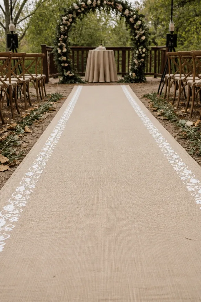 Oatmeal linen aisle runner with a white stenciled border
