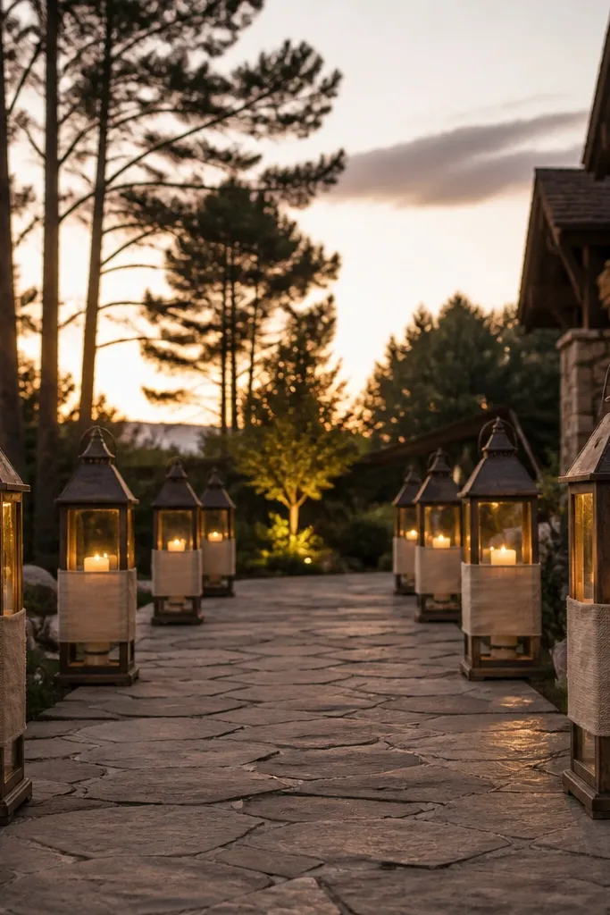 Metal lanterns wrapped with oatmeal linen bands and small tea lights