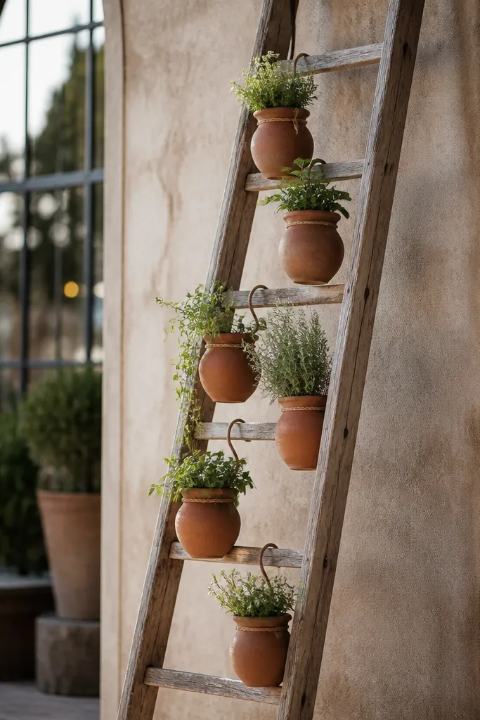 Wood ladder leaned against a wall with terracotta planters hanging from rungs