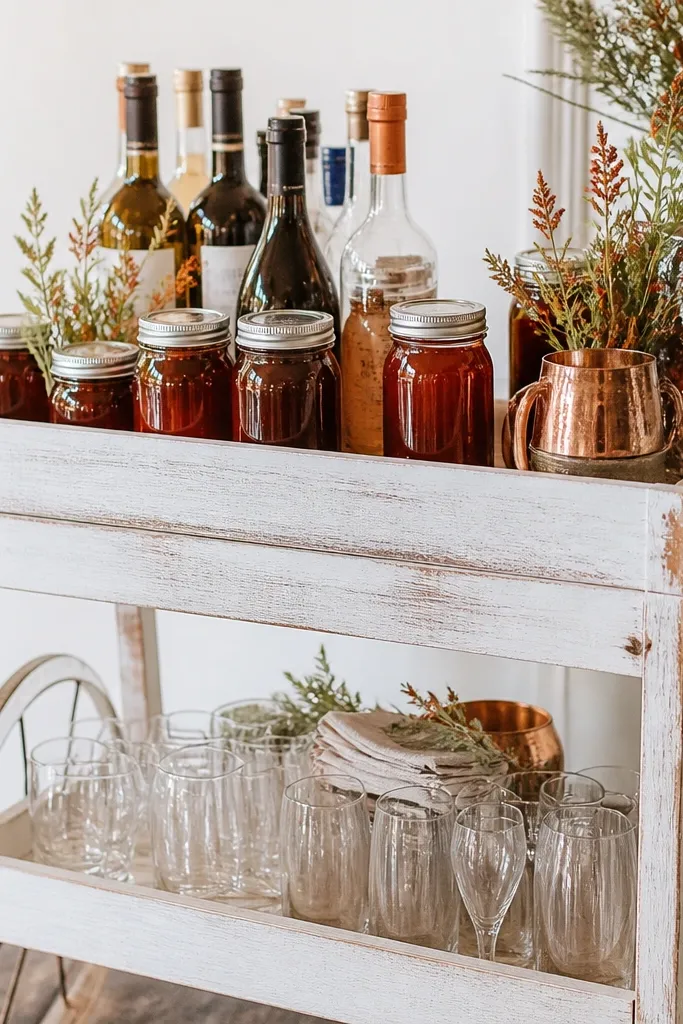 Whitewashed bar cart holding rust jam jars with small greenery sprigs