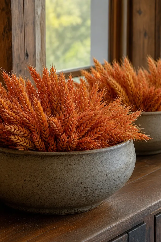 Stoneware bowls with burnt orange dried wheat stems