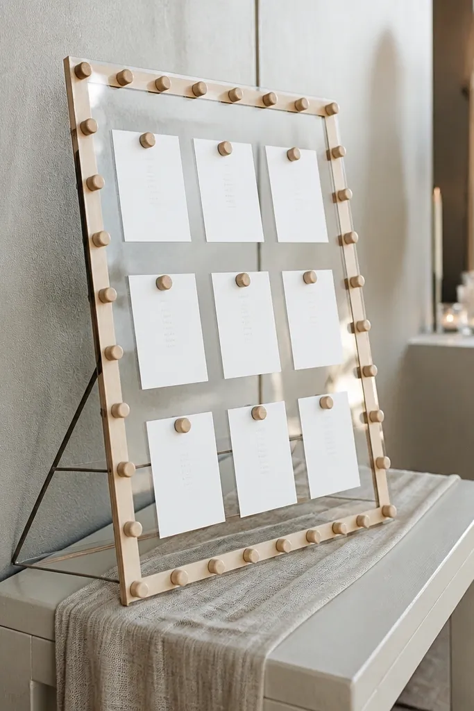 Clear seating chart frame with a wood peg border holding printed table names