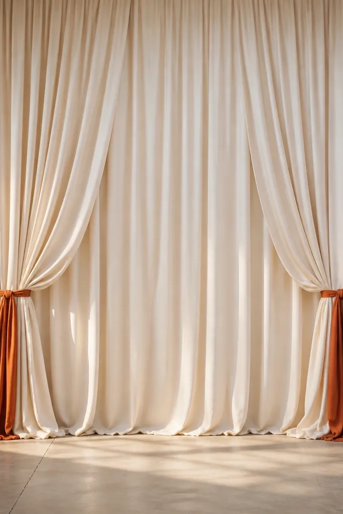Cream curtain backdrop with rust fabric tiebacks holding it in soft folds