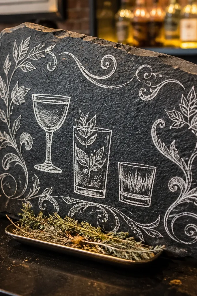 Slate bar sign with white chalk lettering and small dried herbs