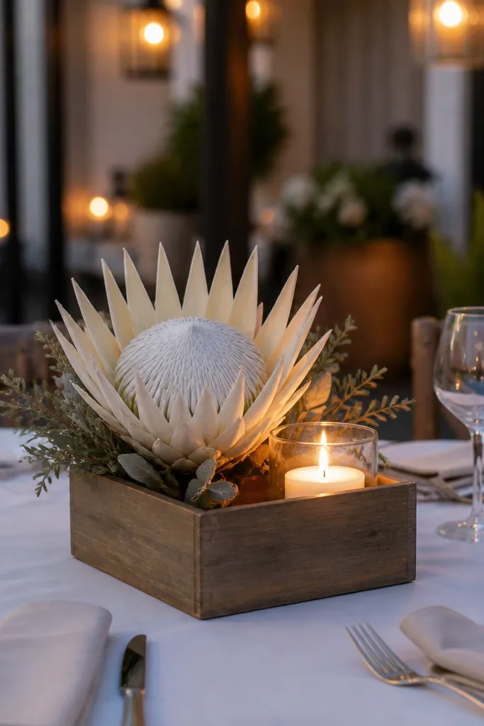 Small wooden box centerpiece with a single statement bloom and a candle