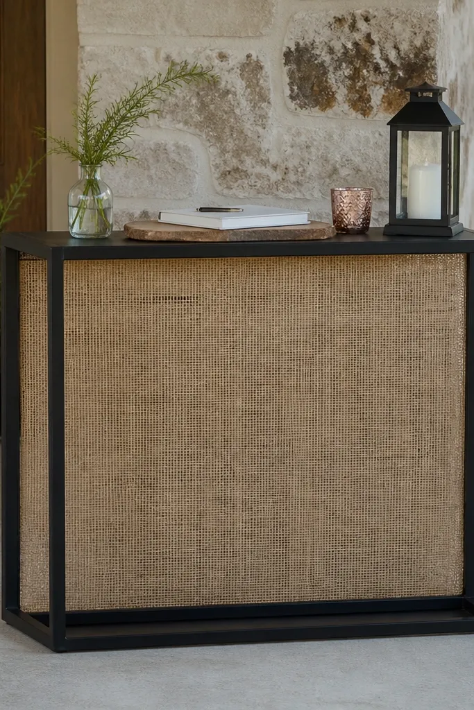 Welcome table with black metal frame and burlap backdrop