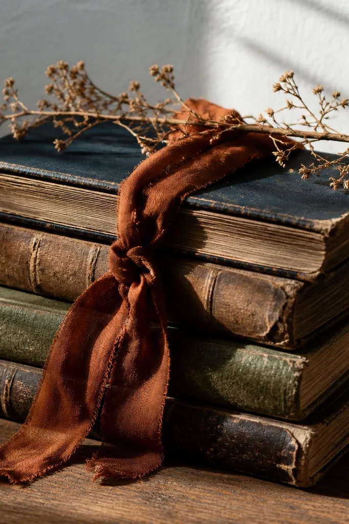 Stacked vintage books with rust ribbon and a dried stem on top