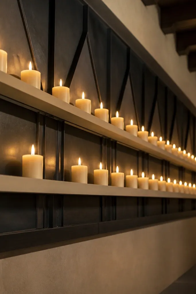 Charcoal candle wall holding cream votives in a geometric grid
